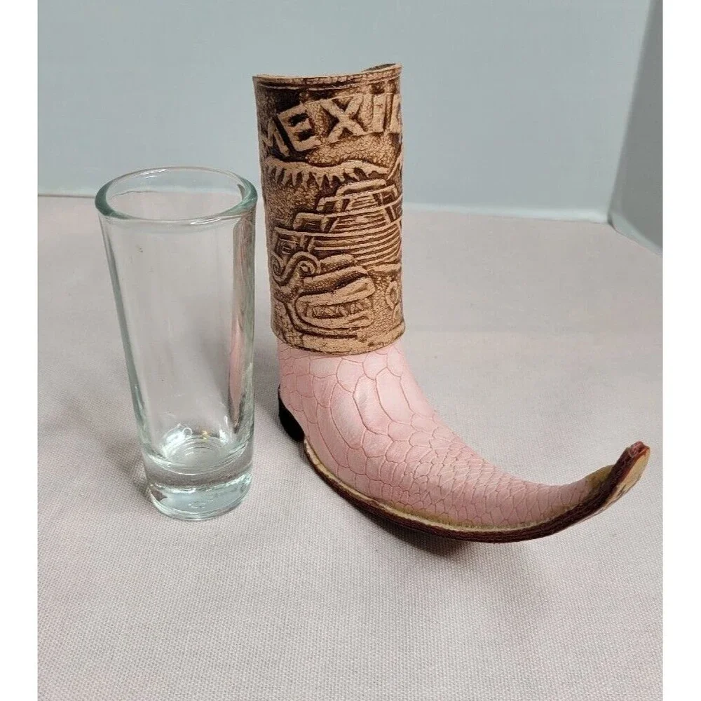 mexican mini leather wrapped boot tequila shots shaped like boot Pink And Brown